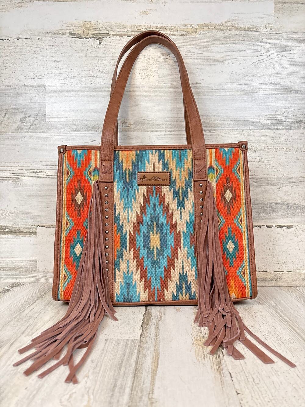 Montana West Womens Blue Tan Multi Western Tassel Aztec Boho Shoulder Bag NEW